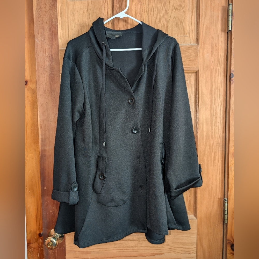 Christian Siriano dressy jacket, black with hood, size 1X